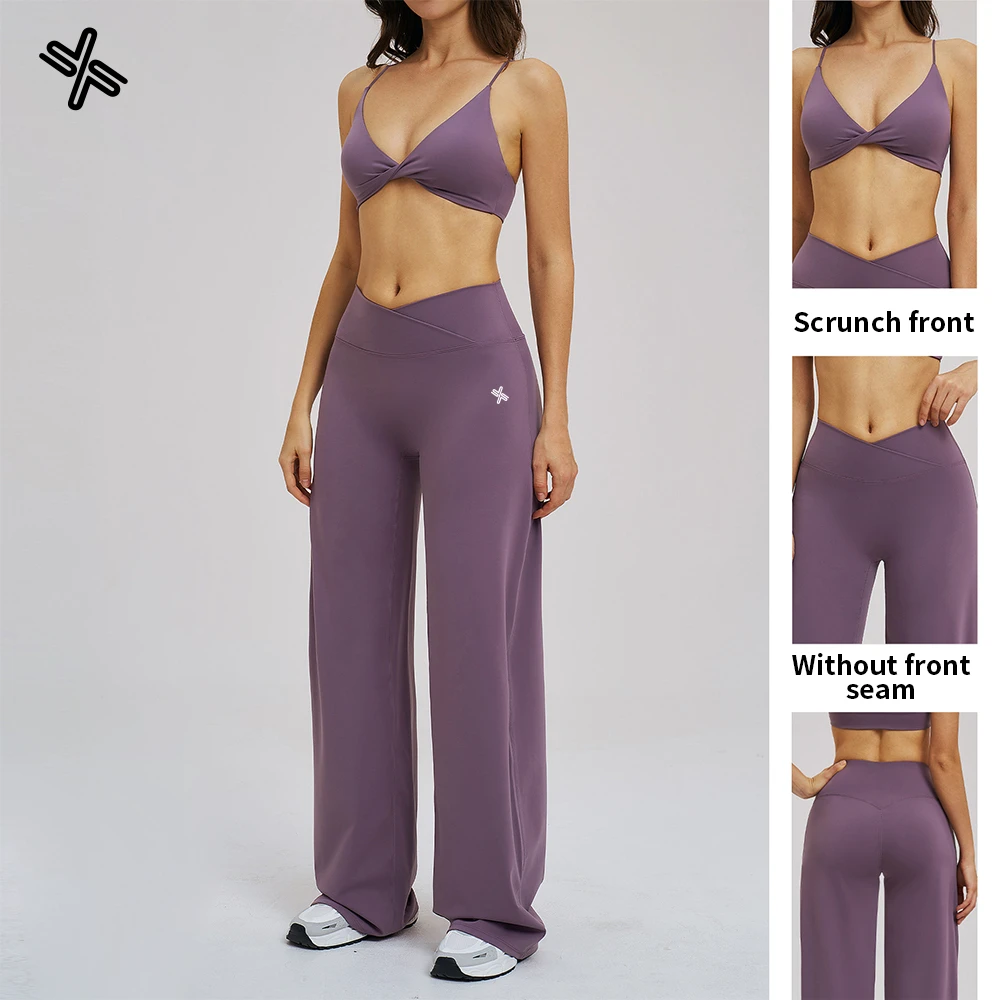 Custom Logo Women's Loungewear Set Twist Front Sports Bra Crossover High Waist Wide Leg Yoga Pants 2 Piece Activewear