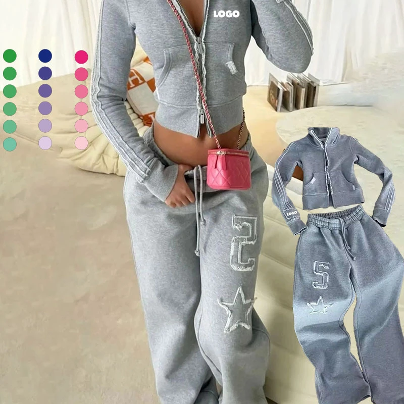 Wholesale Two Piece Set Women Clothing New Fashion Double Zip Hoodie Tracksuit Custom 2 Piece Double Zipper Hoodie And Pants Set