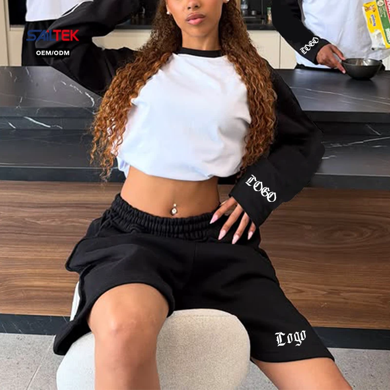 Custom Logo Color Block Contrast Raglan Long Sleeve Loose Fit Top Summer Streetwear Casual Plain Women Short Crop T Shirt