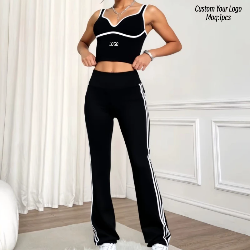 Aoyema Women Sports Wear New Daily Yoga Clothing Quick-Drying Fashion Solid Pattern Hot Black White Contrast Bra Trousers Set