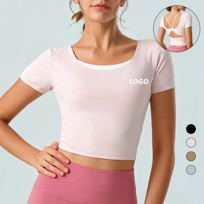 Summer Quick-drying for Sports Yoga Suit Short-sleeved Tight-fitting Women's Peach Butterfly Strap Chest Pad Fitness Top