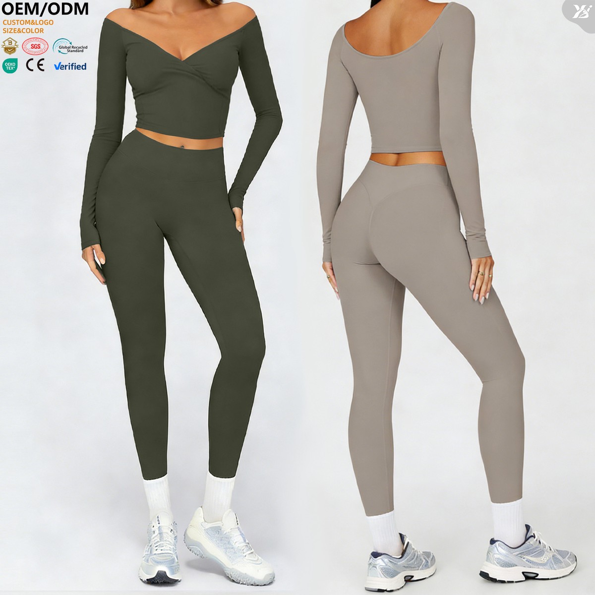 XW-ACX8002-2+ACK8002-1 New Breathable Outfit Solid Gym Fitness Long Sleeve Sportswear High Waist Sports Leggings2 Piece Yoga Set