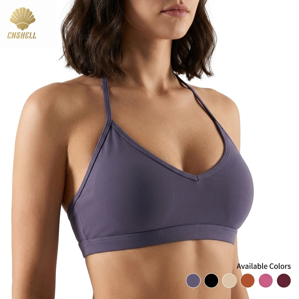 Removable Pads V Neck Halter Sports Bra Women Open Back Sweat Wicking Soft Touch Yoga Bra Private Label OEM Export Supplier