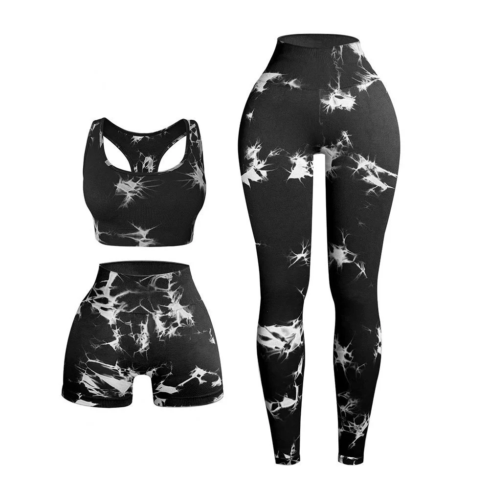Tie Dye 3 Piece Sets Women's Tight Butt Lifting High Waist Pants with Shorts and Sports Bra for Sports Workout and Yoga