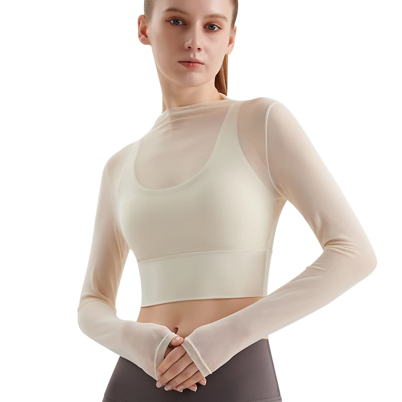 FH Moisture Wicking Stretchable Yoga Tops for Women with Chest Cushions Crossed Thin Straps Breathable Long Sleeved Fitness Suit