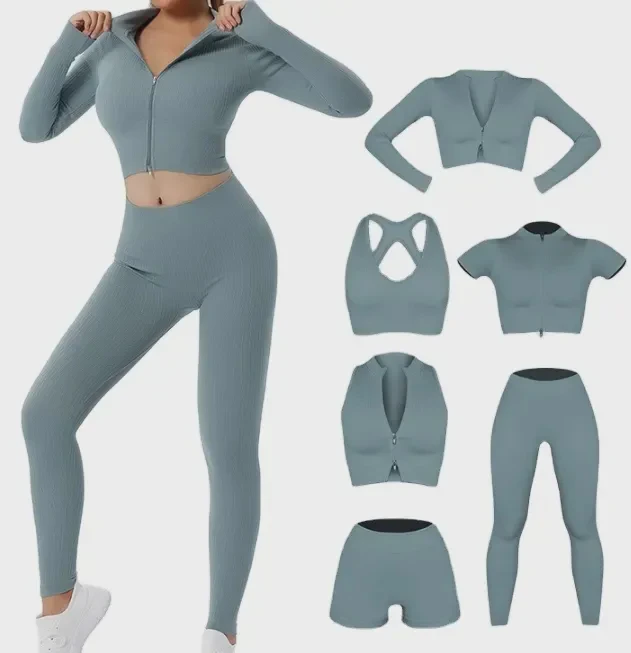 Custom Logo Women Sport Workout Clothing Ladies Gym Fitness Yoga Set High Waisted Pants 6 Piece Set Seamless Activewear Set