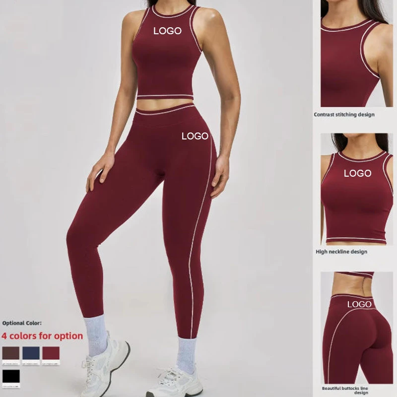 Spring New Color-Blocking Nude-Feel Yoga Suit Tight-Fitting Shockproof Sports Suit Outdoor Running Fitness Sweat-Wicking Front