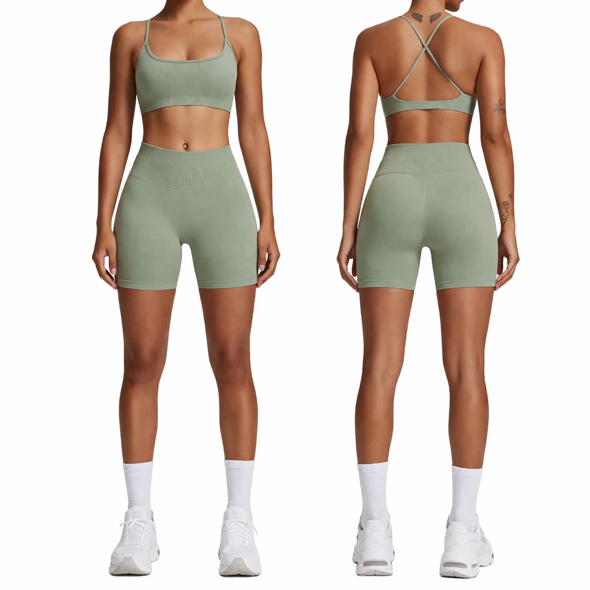 Oem Clothing Manufacturer Women's Solid Yoga Shorts 2-Piece Set Breathable Spandex/Nylon High-Waisted Front Custom Private Gym