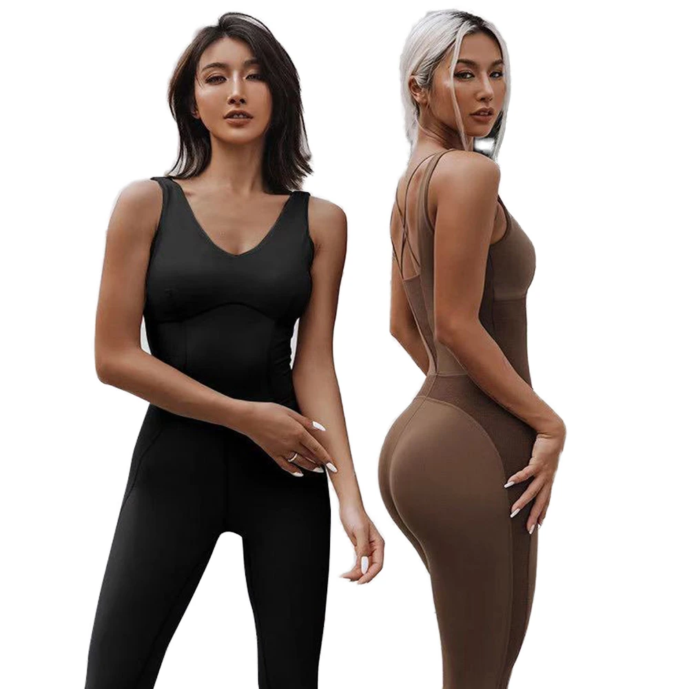 Ready to Ship Women's Long Length Fitness Gym Yoga Jumpsuit Ladies Activewear One Piece Dance Bodysuit With Cross Back Straps