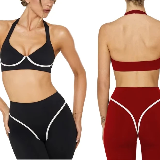 Wholesale Women's Halter Neck Backless Sports Bra Custom Logo Breathable Nylon/Spandex Fitness Workout Stripes Yoga Tank Top