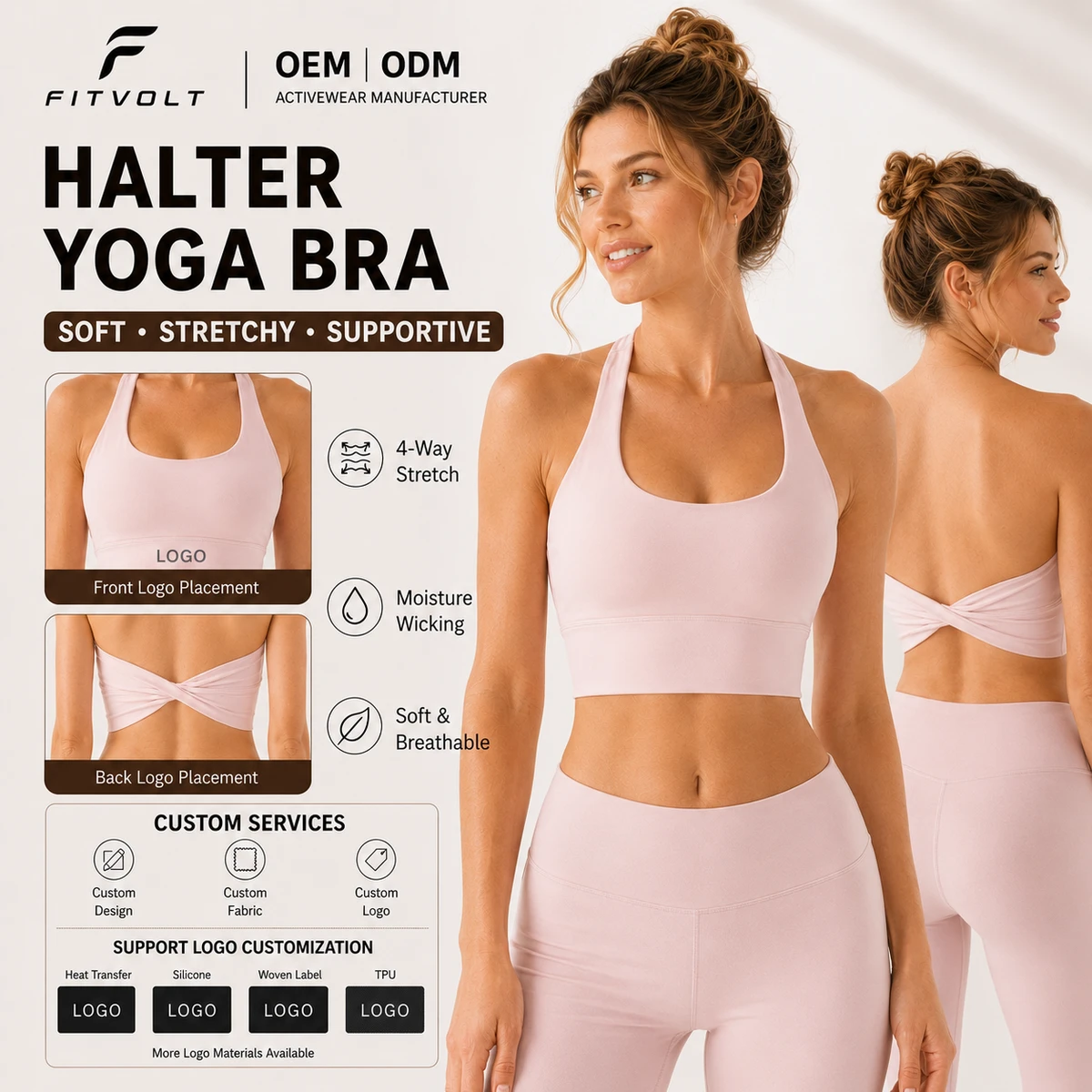 FITVOLT Custom Front Quick Dry Fabric Wireless High Elasticity Breathable High Support Women's Halter Backless Sports Bras