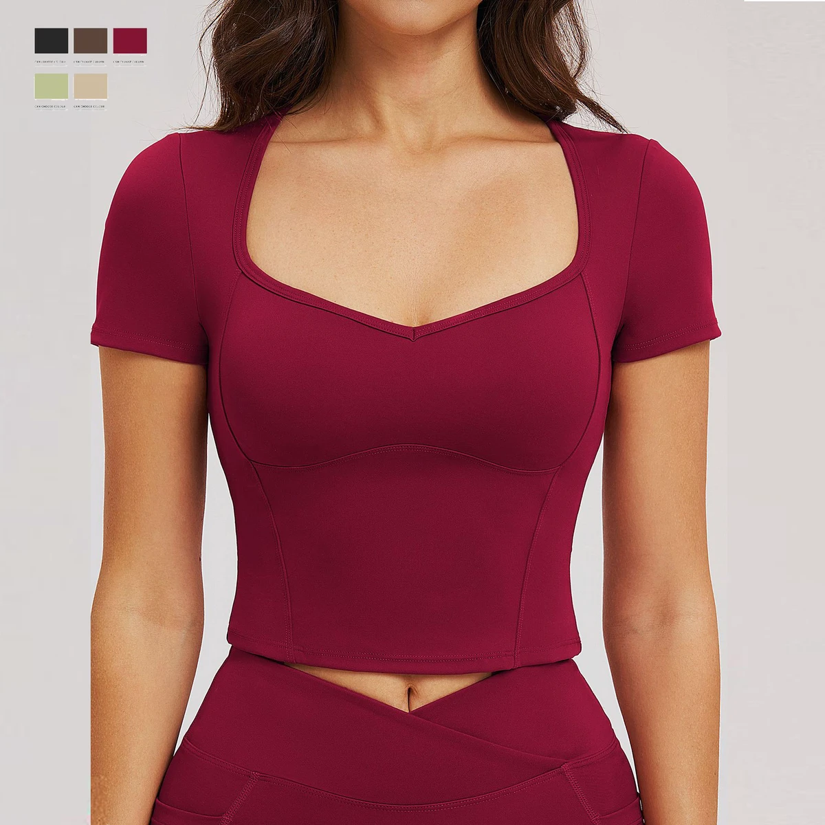 Women's Quick Dry High Elastic Square Neck Solid Yoga Short Shirts Comfortable Slim Fit Workout Crop Top with Removable Pads