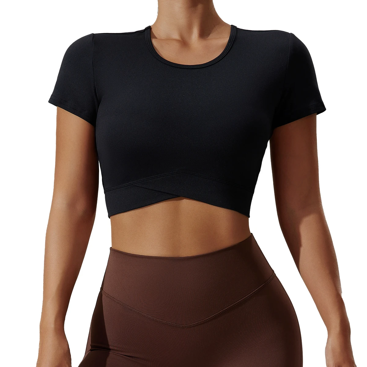 Women's Summer Sexy Navel Neck Fitness Wear Lightweight New Yoga T-Shirt High Elastic Breathable Short Sleeve Front Cross-Front