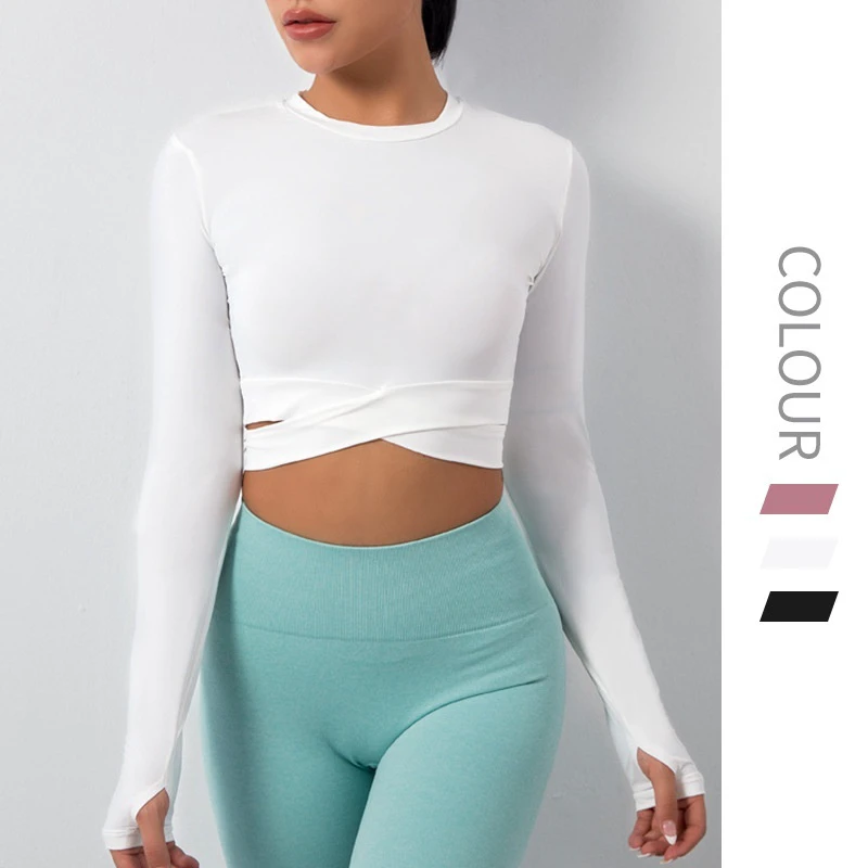 Custom Sportswear Women's Long-sleeve T-shirt Solid Cross-cut Navel-exposing Yoga Wear Running Polyester/Nylon Quick Dry T Shirt