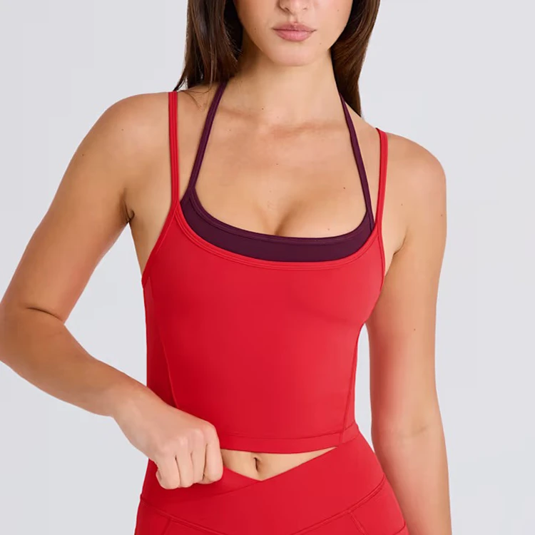 2025 Custom Logo Women Fashion Double Layer Cropped Gym Sports Tank Top Nylon Stretch Sculpt Fitted Adjustable Padded Yoga Tank