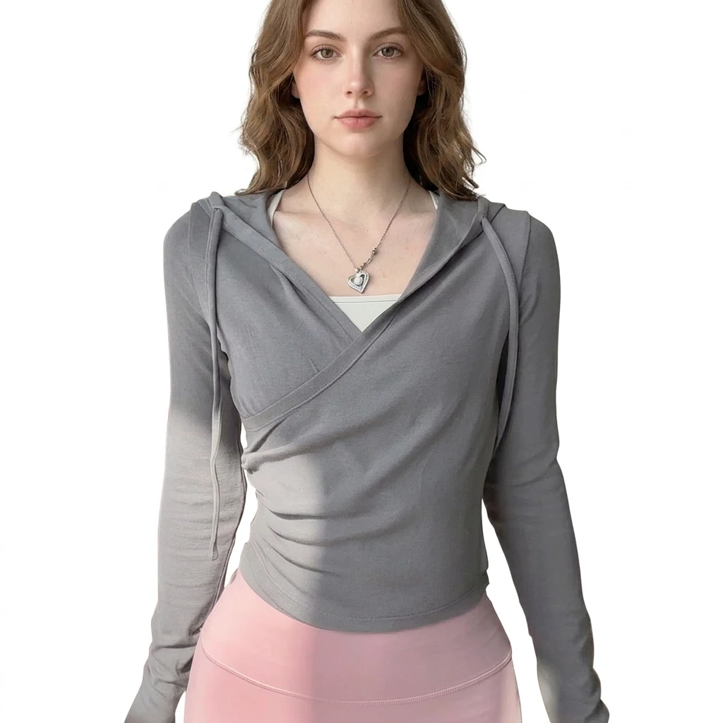 Customized Fall/Winter Yoga Wear Women Breathable Spandex/Nylon Cross-Tie Waist Sports Hooded Top V-Neck Long-Sleeve Chic Gym