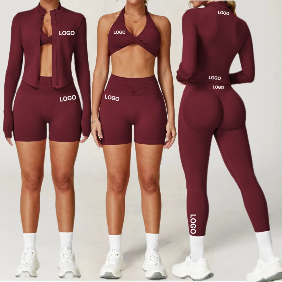 Custom Women's 4 Pieces Yoga Set Breathable Halter Beautifying Back Bra Seamless Quick-drying Leggings Outfit Gym Workout