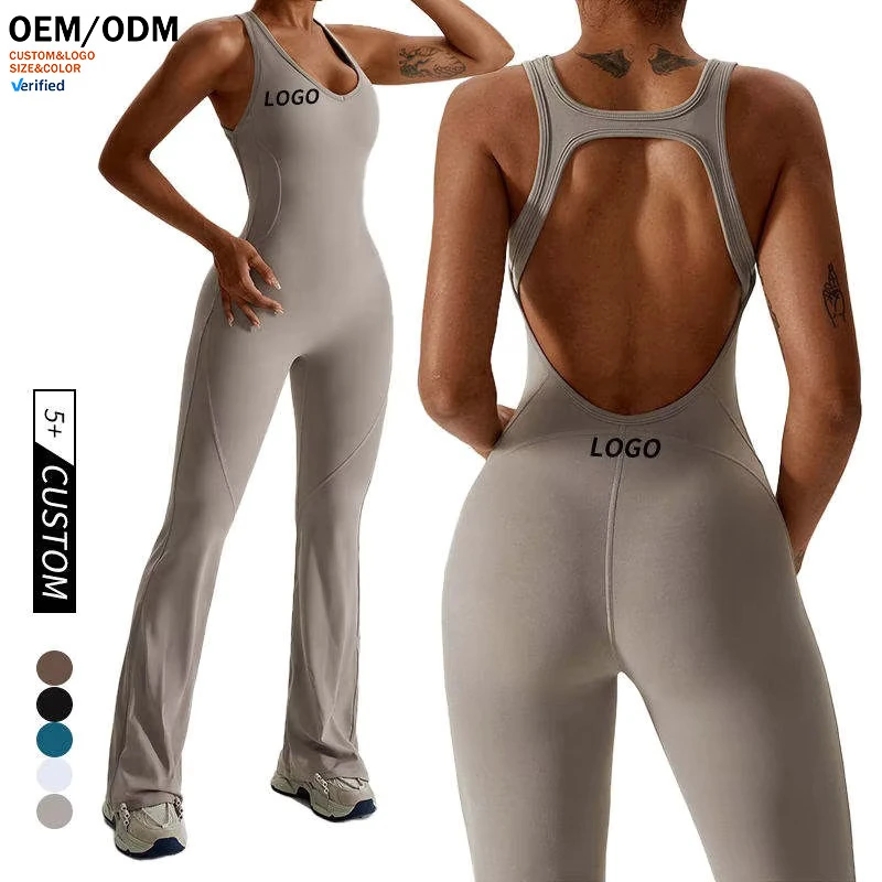 Women's Custom Breathable Quick-Dry Yoga Jumpsuit-Flared Leg Backless Tummy Control Romper for Workout Yoga Lounge (OEM