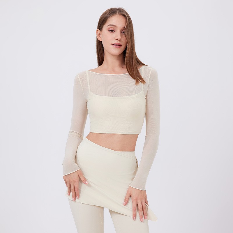 Long-sleeve With Built-in Chest Pads Cropped Yoga Top Quick-dry Slimming Fitness Wear 2-in-1 Mesh Sports T-shirt for Women