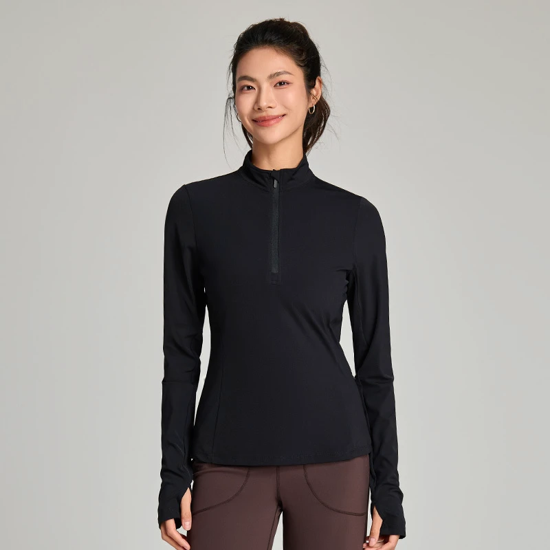 Custom High Elasticity Women Semi Open Zipper Tight Fitting Top Long-Sleeved Breathable 1/3 Zip Sports Fitness Yoga Tops