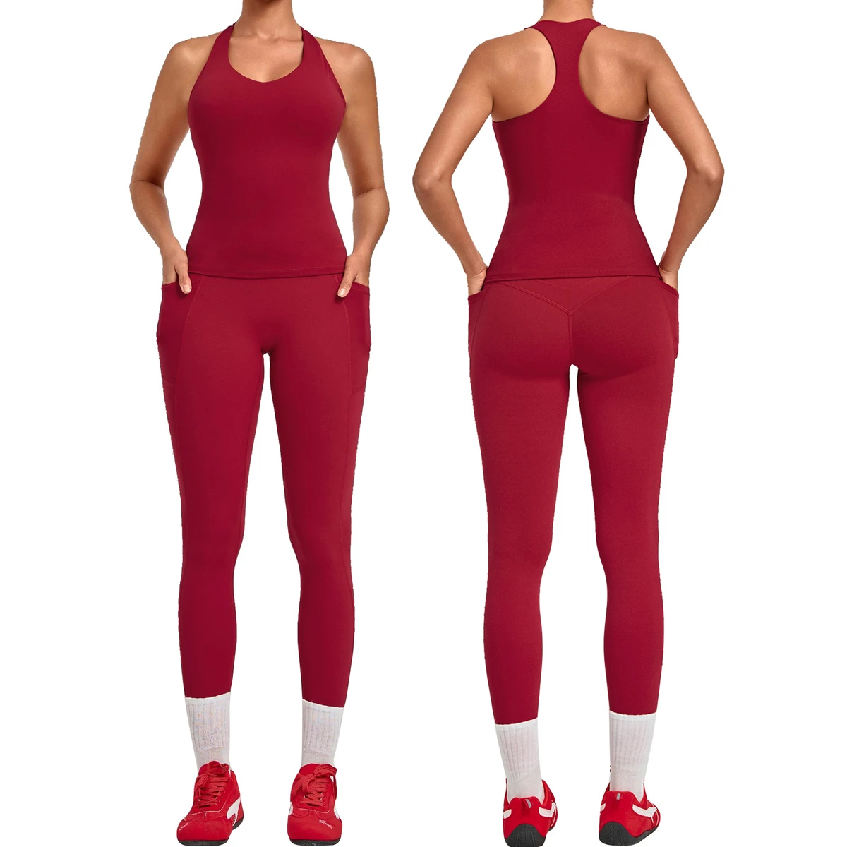 Tight I-Shaped Back Solid Breathable Lightweight Sports Suit with Front Logo Pocket European American Yoga Fitness Two-Piece Set