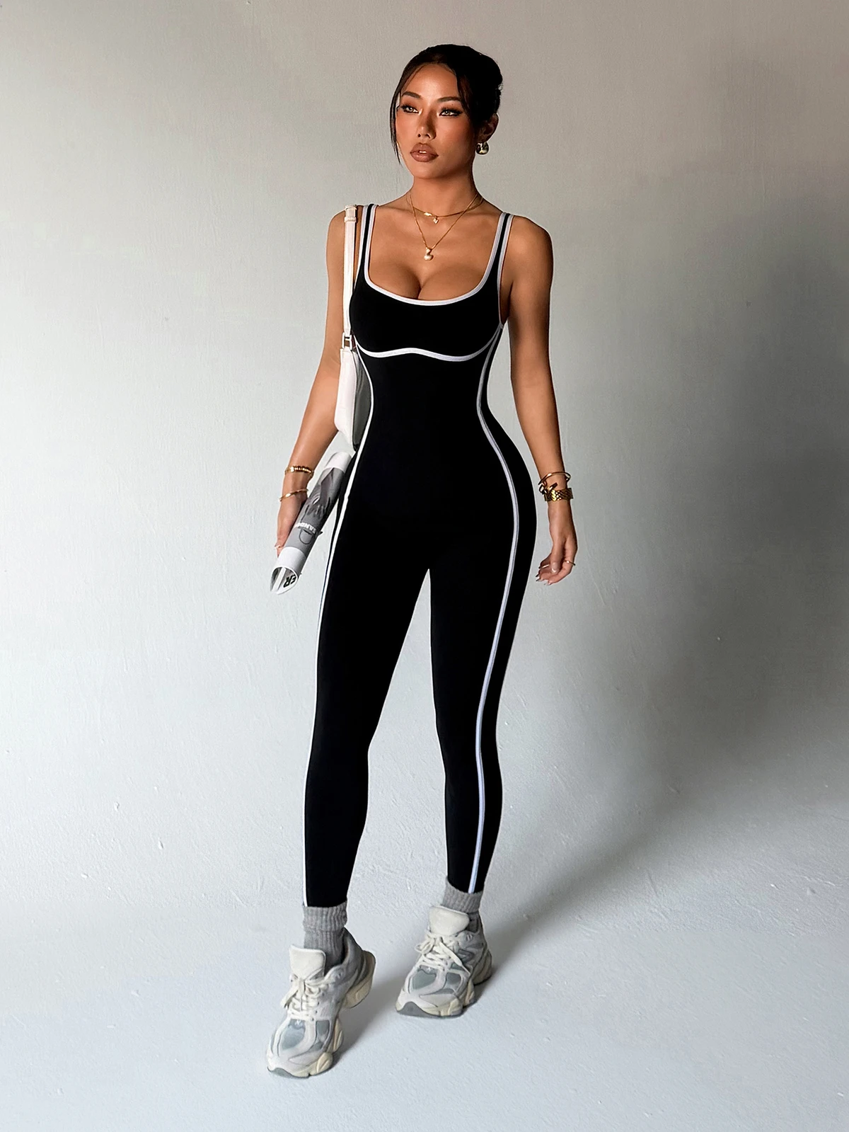 Women's Slim Fit Quick Dry Yoga Jumpsuit Color Block Ribbed Design Gym Fitness Workout One Piece Activewear