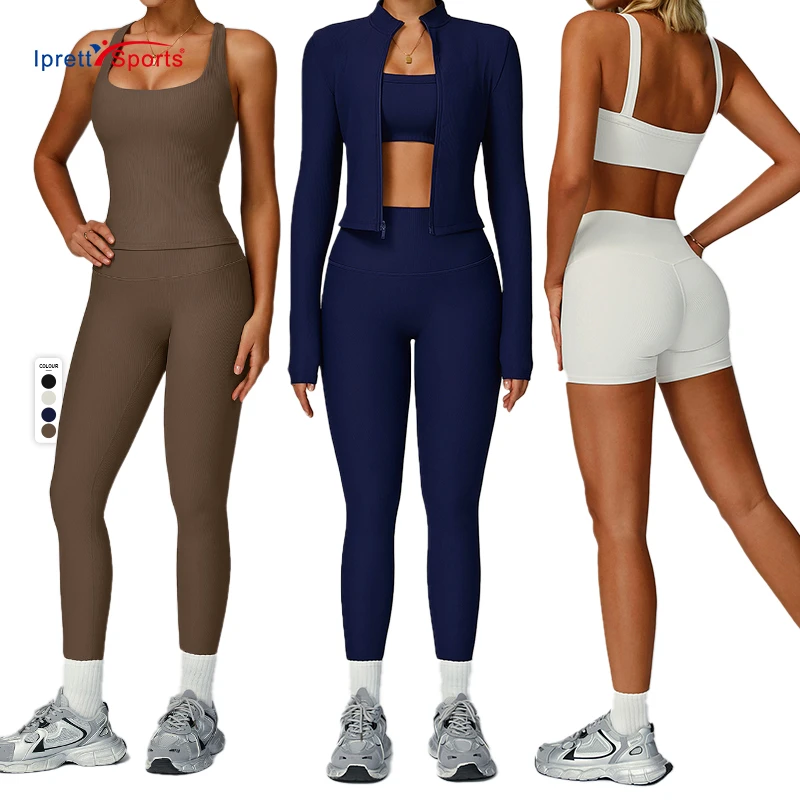 Hot Selling 5 Pieces Ribbed Yoga GYM Workout Sports Bra Running Leggings Fitness Sets Athletic Training Elastic Outfits