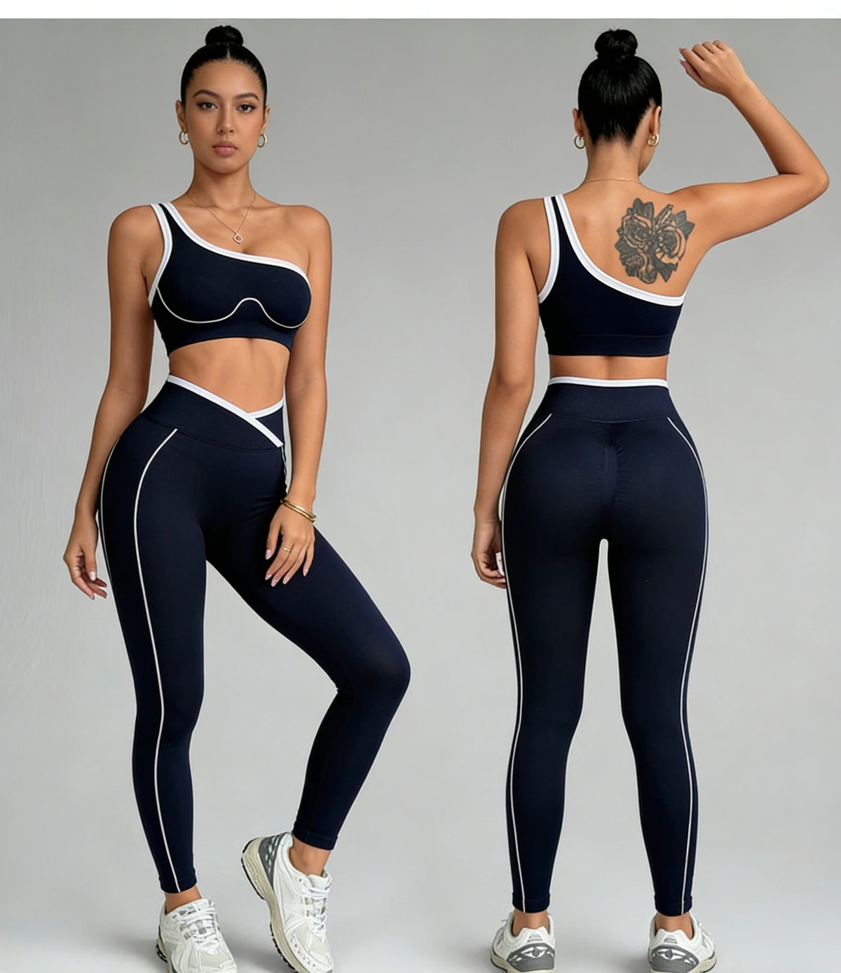 Women's High Waist Butt Lift Yoga Leggings Cross Waist Workout Outfit Bra Color Block Breathable Sports Suit