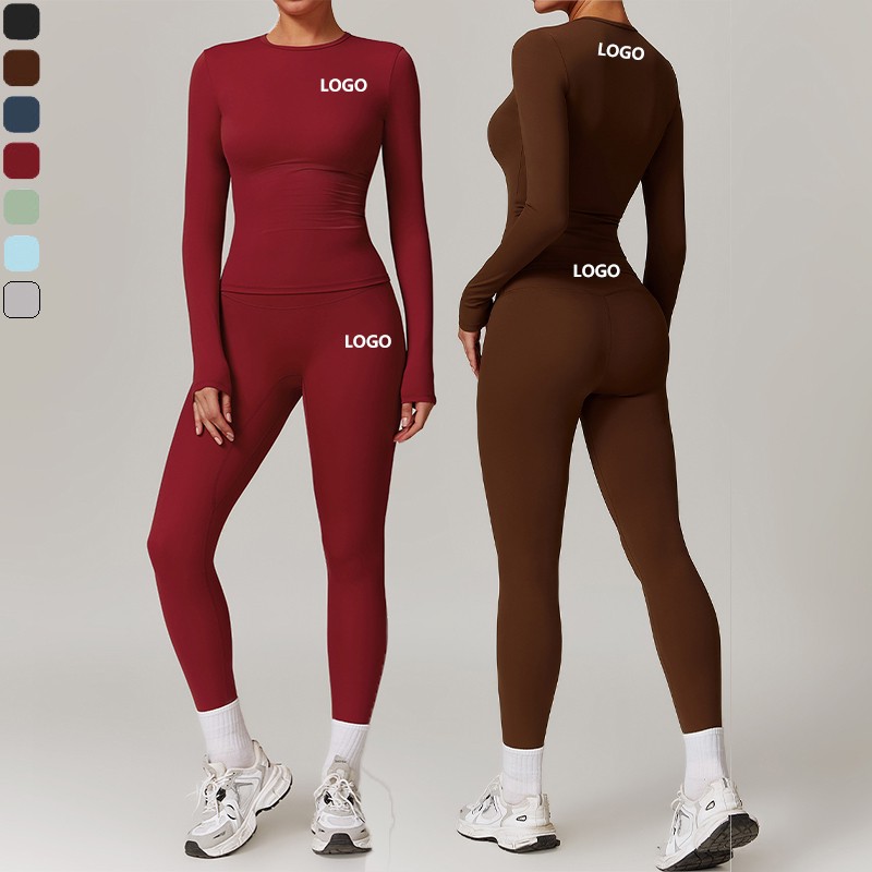 XW-TZ8519-3 Women's Solid Activewear Breathable Quick Dry Brushed Long Sleeve Top Outdoor Running Leggings 2 Piece Yoga Set