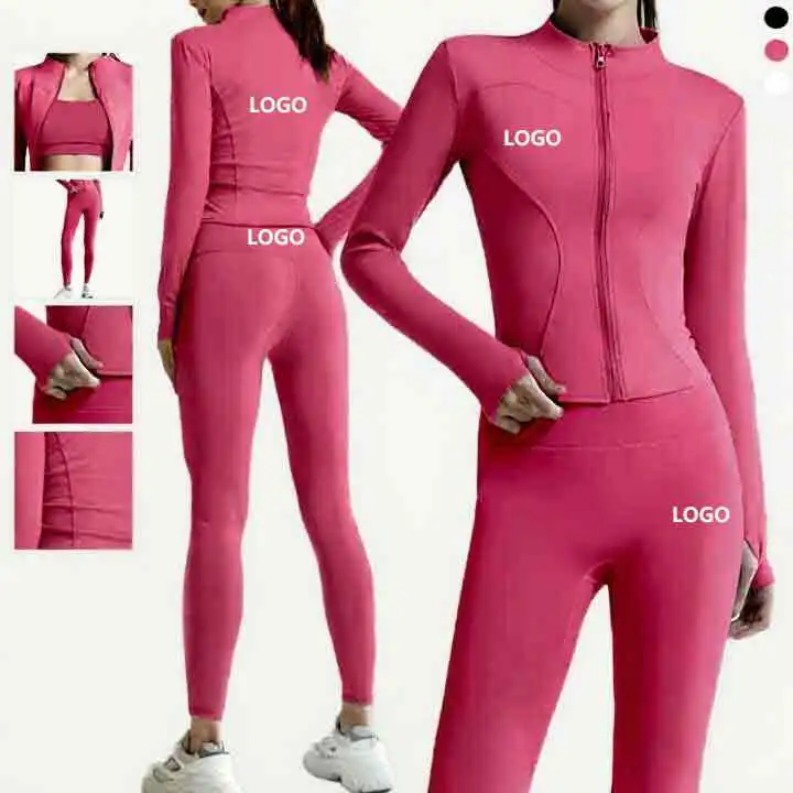 Women Quick Dry Yoga Sets 3 Piece Female Long Sleeve Yoga Coat Butt Lift Leggings Shockproof Sports Bra Fitness Yoga Suit Set