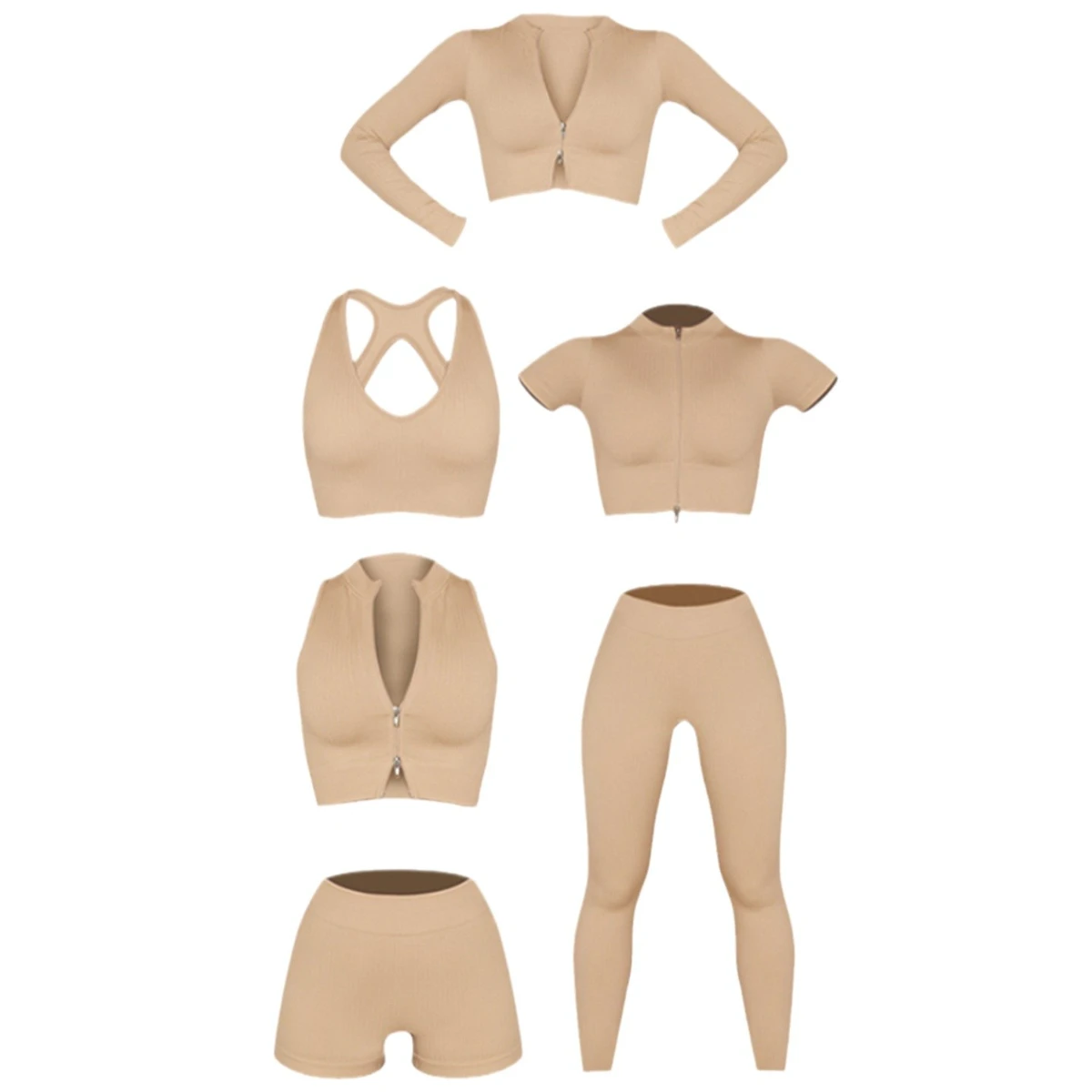 Six-Piece Sports Bra Set with Solid Pattern Short Sleeve Training Vest Breathable Fitness Yoga Clothing