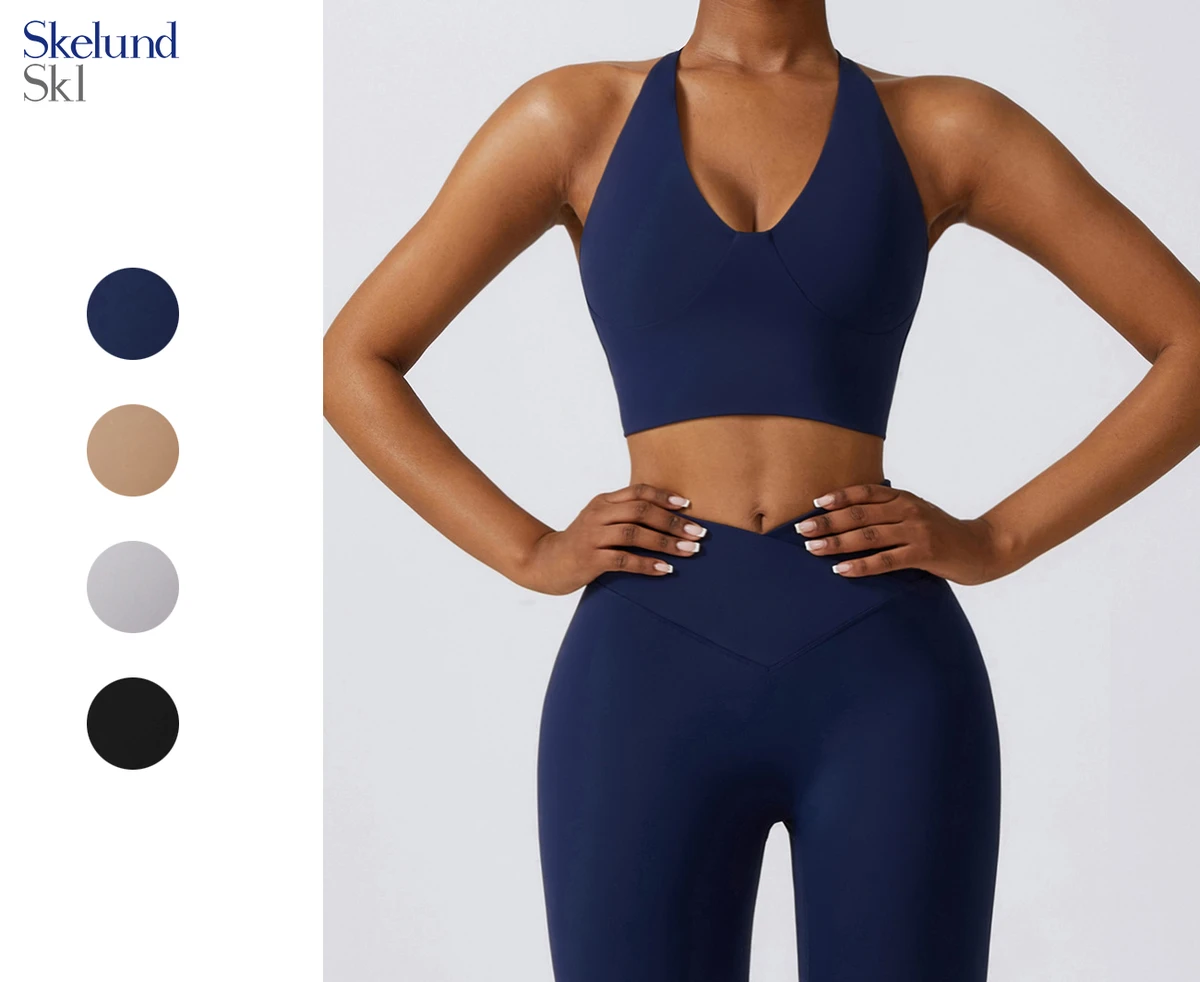 Wholesale Customized Logo Yoga Outfit Bra Top Gym Vest Pullover Halter Athletic Mid Impact Deep Neck Cross Back Sport Bra