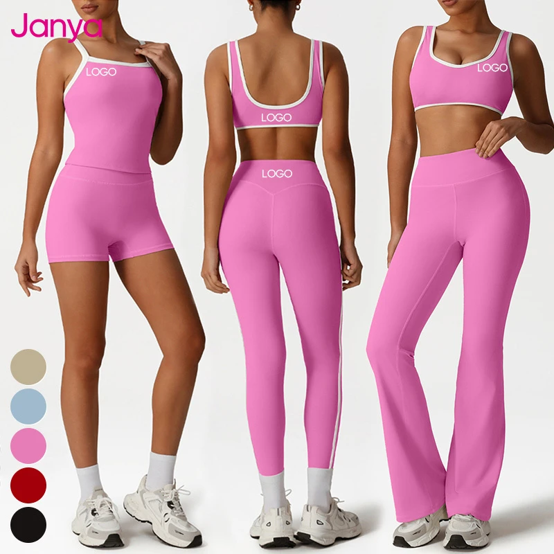 Janya Color Blocking Sportswear Suit Removable Pads Gym Fitness Bra 5 Pieces Sets High Waist Yoga Leggings Set for Women