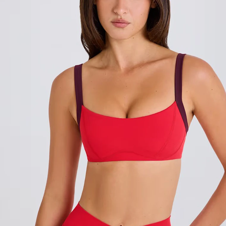 Custom Women Fashion Activewear Contrast Straps Padded Cropped Sexy Open Back Breathable Quick Dry Lightweight Nylon Sports Bra