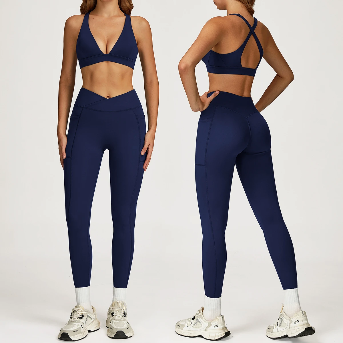 High Aesthetic Outdoor Running Solid Color Sports Set Quick Drying and High Elasticity Side Pocket Women's Yoga Two-piece Set