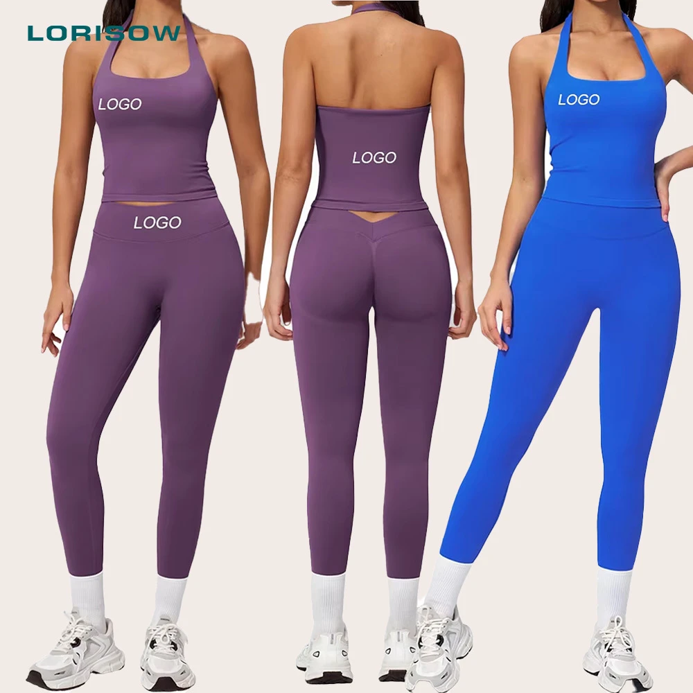 LORISOW Sports Yoga Sets For Women Sleeveless Halter Running Bras High Waist Fitness Leggings Seamless 2 Piece Sets Custom Logo
