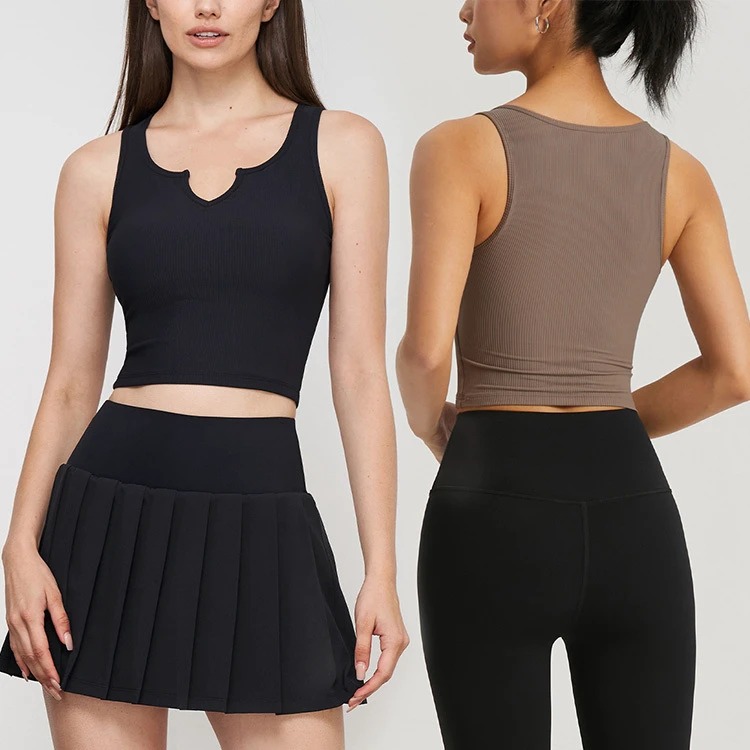 Custom V Neck Ribbed Sleeveless Padded Crop Top Women Workout Vest Tank Tops Yoga Bra