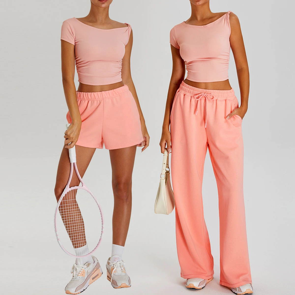 Breathable Solid Front Logo Yoga Set Women Quick-Dry Off-Shoulder Short-Sleeve Sports Running Casual Wide-Leg Pants Fitness Wear