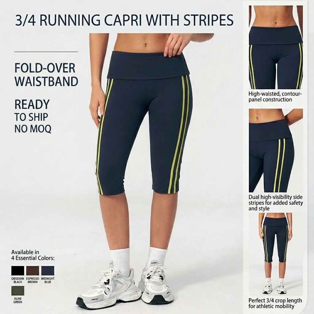 Custom Logo Fold Over Waistband Capri Leggings Contrast Binding Knee Length Tights Gym Fitness Skinny Pants Ropa Deportiva Mujer