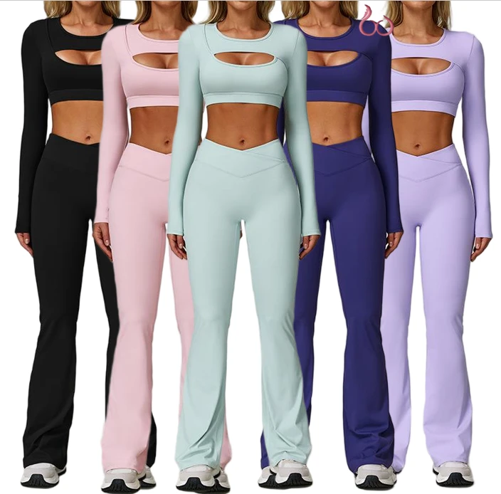 Women's Windproof Yoga Set 2-Piece Workout Sportswear High Waist Bell Leggings with Long Sleeve Gym Fitness Sports Suit