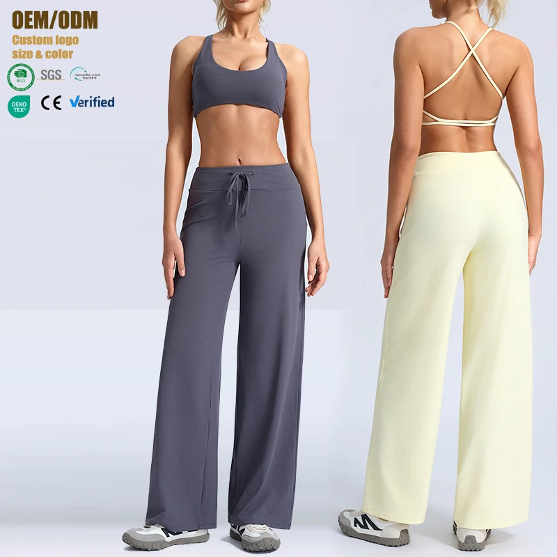 Women's 2-Piece Yoga Sports Fitness Workout Set Ribbed Sports Bra and High-Waisted Wide Leg Pants Quick Dry Yoga Tracksuit Sets