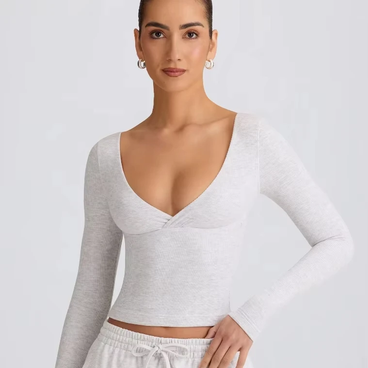 American Breathable Exercise Fitness Sports-Plus Size Long Sleeves Solid V-Neck Quick Dry Women's Crop Top Shirts Yoga Top