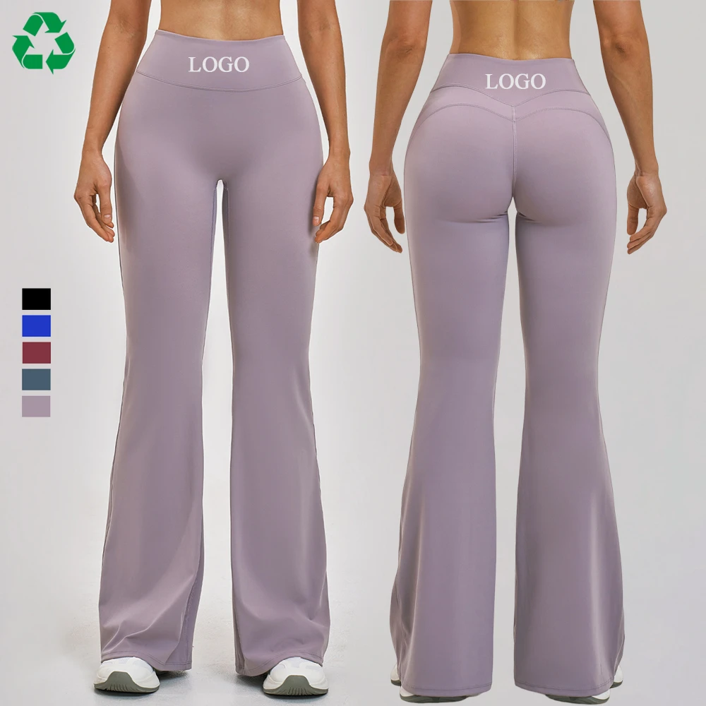 Custom Eco-Friendly Recycled High Stretchy Pilates Gym Fitness Pants Quick Dry Breathable Scrunch Butt Flared Yoga Leggings