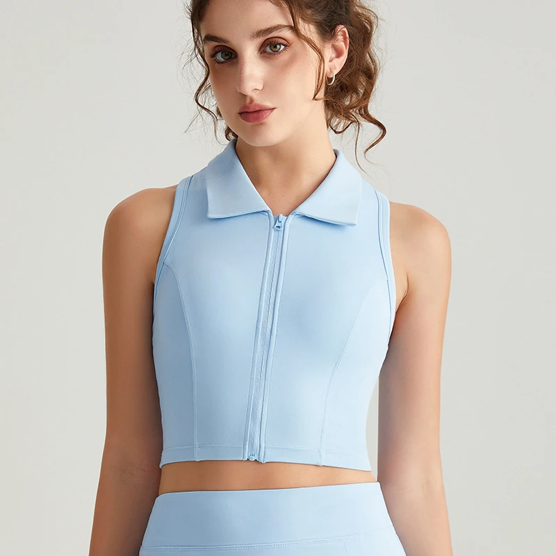 High Quality Gym Fitness Zipper Shirt with Polo Neck Breathable Solid Nylon Sleeveless Women's Yoga Top