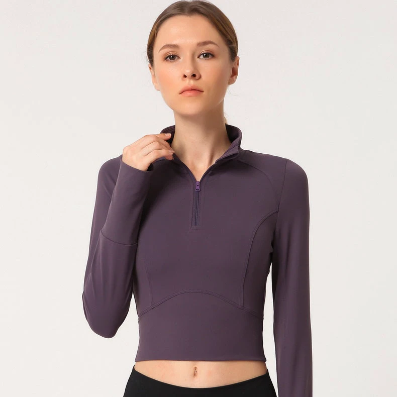 Hot Sale High Stretch Stand Collar Sports Shirts Athletic Wear Gym Wear Yoga Slim Half Zipper Long Sleeve Crop Shirts for Woman