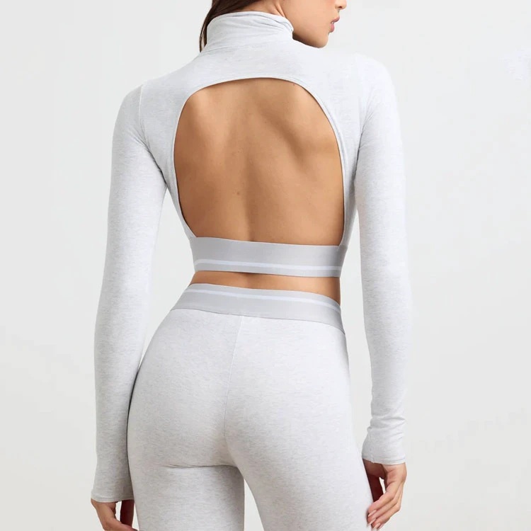 Hot Sale Women's Long Sleeve Yoga Crop Top Sexy Open Back Turtle Neck Sports Shirt Lightweight Cotton Jersey Stretchy Breathable