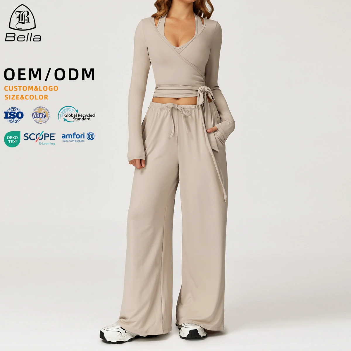 Factory Custom Activewear Outfits Workout Clothing Long Sleeve Crop Top Wide Leg Pants Gym Fitness Yoga Sets For Women