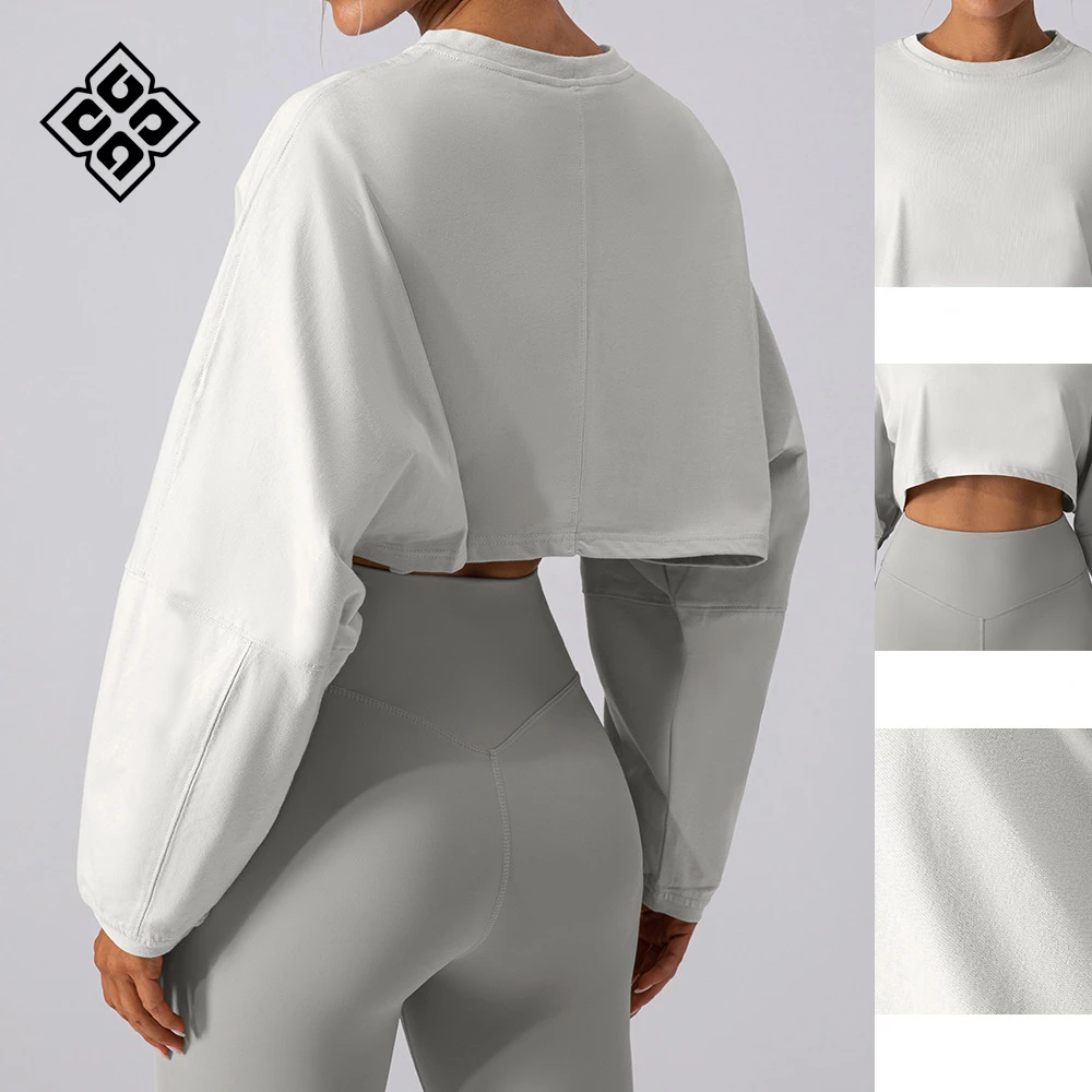 Popular Crew Neck Sweatshirt Nylon Sports Yoga Crop Tops Running Loose Long Sleeve Gym Top for Women