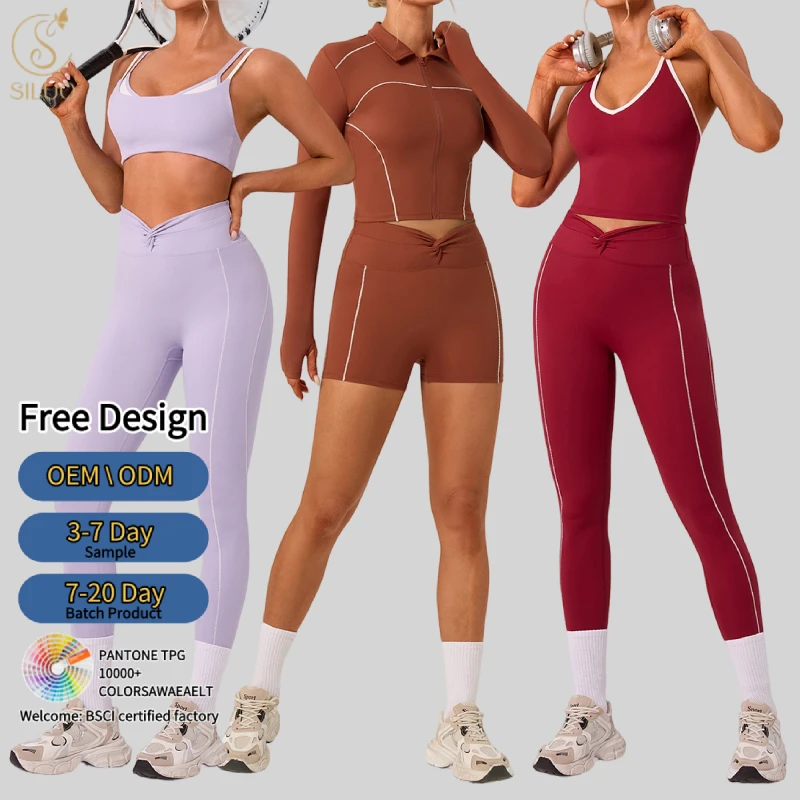 New Custom Butt-Lifting Breathable Leggings Color Block Sport Bra Gym Shorts Halter Neck Vest Jacket Stretchy Yoga Set for Women