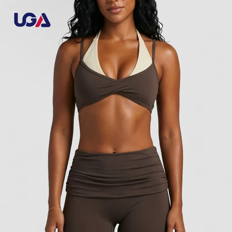 Quick Dry Breathable Double Layered Eco-Friendly Halter Bra High Waist Wide Leg Pants Womens Yoga Set with Foldover